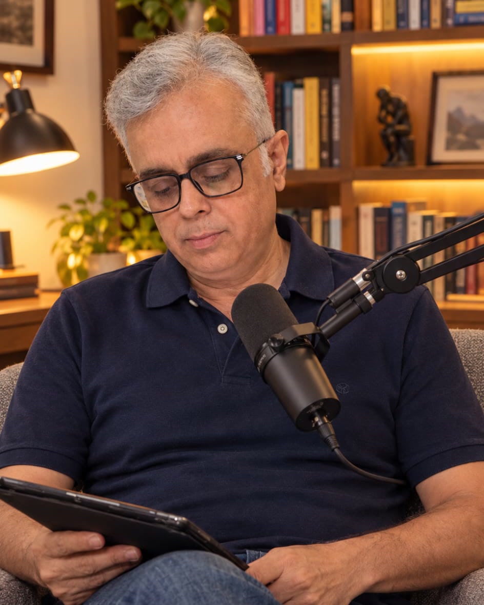 Amit Nand Mohla recording an episode of The HappySapiens Podcast